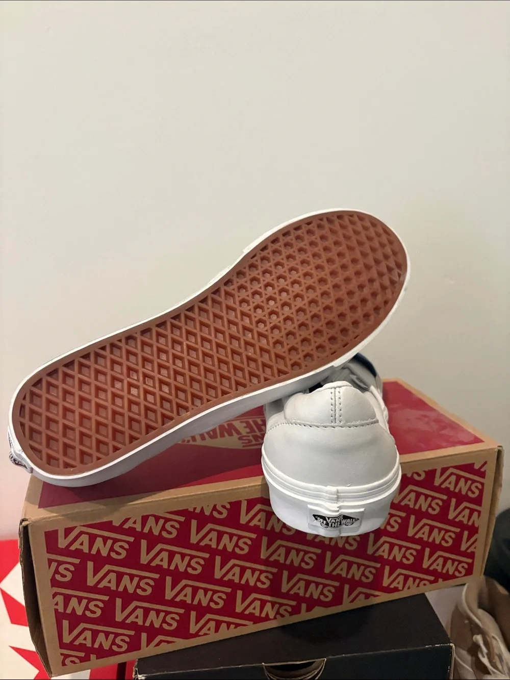 Vans Men’s White Leather Slip-On with Navy Strap